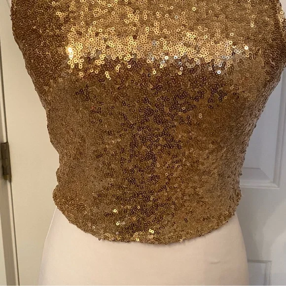 REVAMPED TOP CROP CROPPED GOLD SEQUINS SLEEVELESS RACERBACK SIZE M Fits S - Picture 3 of 8
